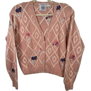 Vintage Cape Isle Knitters Hand Embroidered Floral Cardigan Sz M